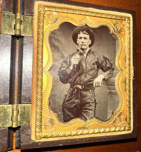 Antique Tintype Photo Cowboy with Flobert Pistol Smoking Pipe 1850s Union Case