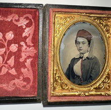Load image into Gallery viewer, Civil War Era Young Woman Wearing Tinted Fez &amp; Uniform 1860s Ambrotype Photo vivandiere
