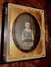 Load image into Gallery viewer, 1/4 Plate Daguerreotype Boy in Tinted Dress Standing Backwards on Chair 1850s
