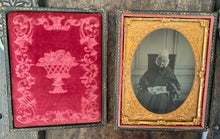 Load image into Gallery viewer, 1/4 Tintype Old Lady Holding Sampler Aunt of US Congressman?
