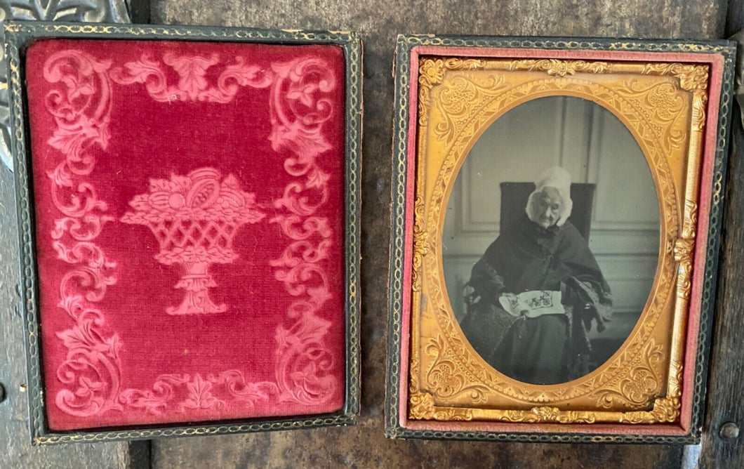 1/4 Tintype Old Lady Holding Sampler Aunt of US Congressman?