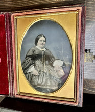 Load image into Gallery viewer, 1/4 TINTED AMBROTYPE SMILING WOMAN PAINTED BACKDROP UK PHOTOGRAPHER LEATHER
