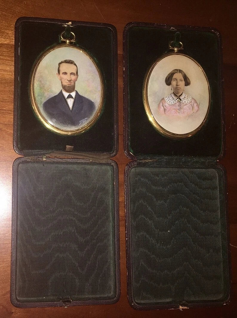Antique Miniature Painting Photo Portraits in Leather Presentation Cases Signed