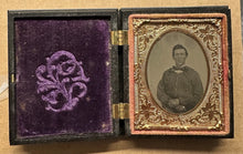 Load image into Gallery viewer, Tintype Civil War Soldier (?) In Thermoplastic Case Or Fireman Or Miner 1860s
