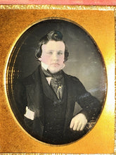 Load image into Gallery viewer, ID'd Handsome Young Man Tall Hair Freckles ++ GOLD HAIR PIN??? 1/6 Daguerreotype
