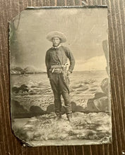 Load image into Gallery viewer, Antique Tintype Photo Cowboy Armed w Knife - Beach Scene w Sidewheel Steamer!
