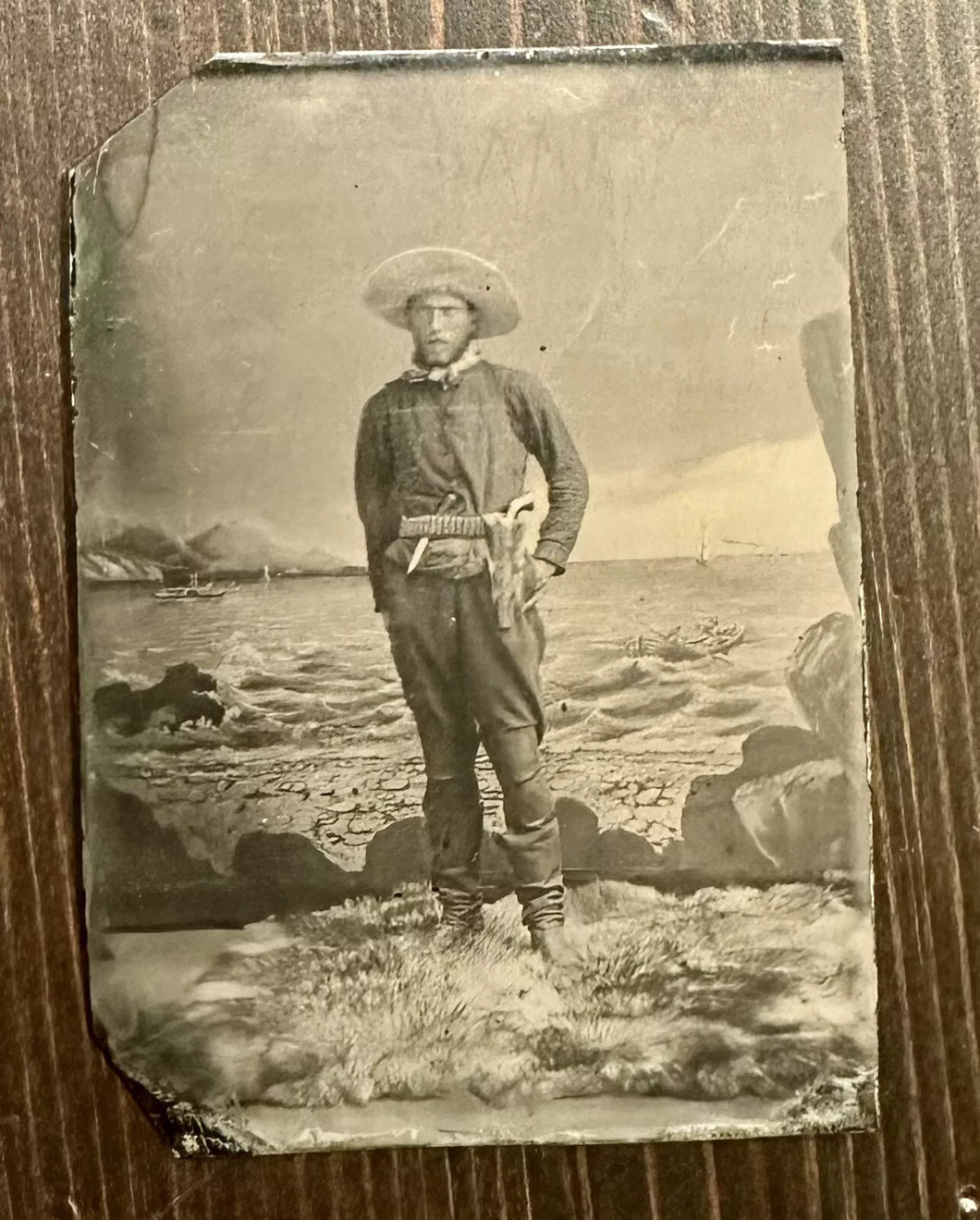 Antique Tintype Photo Cowboy Armed w Knife - Beach Scene w Sidewheel Steamer!