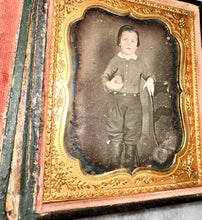 Load image into Gallery viewer, 1/6 Daguerreotype Cute Little Boy Wearing High Boots Holding Tinted Apple 1850s
