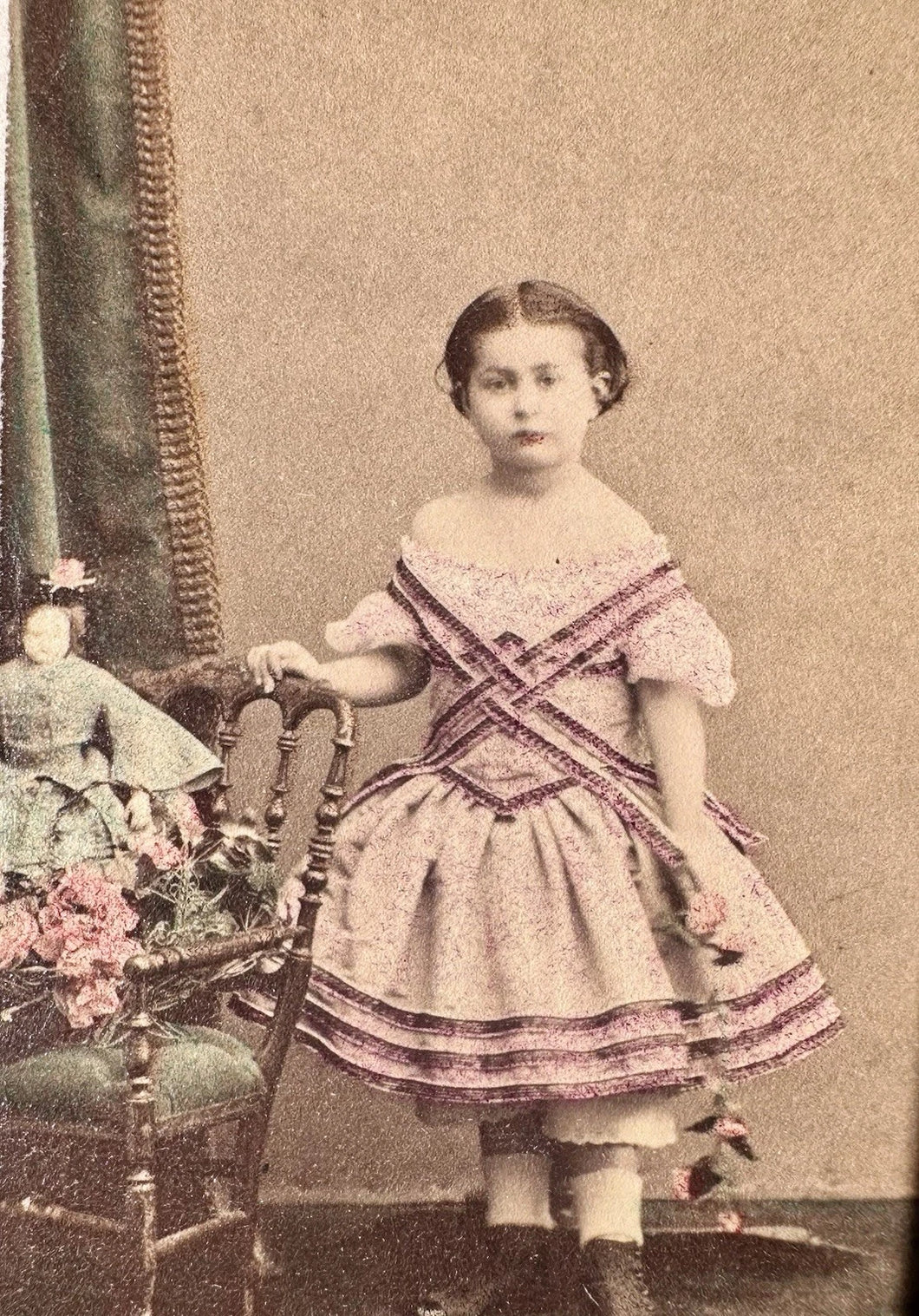 1860s CDV Little Girl with Doll Colorist Test Marks on Back! PARIS FRANCE