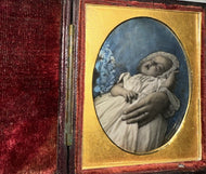 SLEEPING OR POST MORTEM CHILD LAP OF HIDDEN MOTHER TINTED SEALED DAGUERREOTYPE