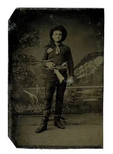 Antique Tintype Photo Double Armed Long Hair Cowboy Rifle Pistol Ammo Belt 1800s