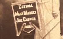 Load image into Gallery viewer, Banner Lady Holding Meat Saw &amp; Sausage! Meat Market Advertising Cabinet Card
