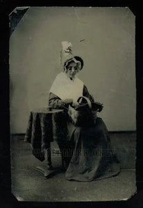 Tintype Photo Girl In Granny Costume Holding Basket Unusual Antique Blind?