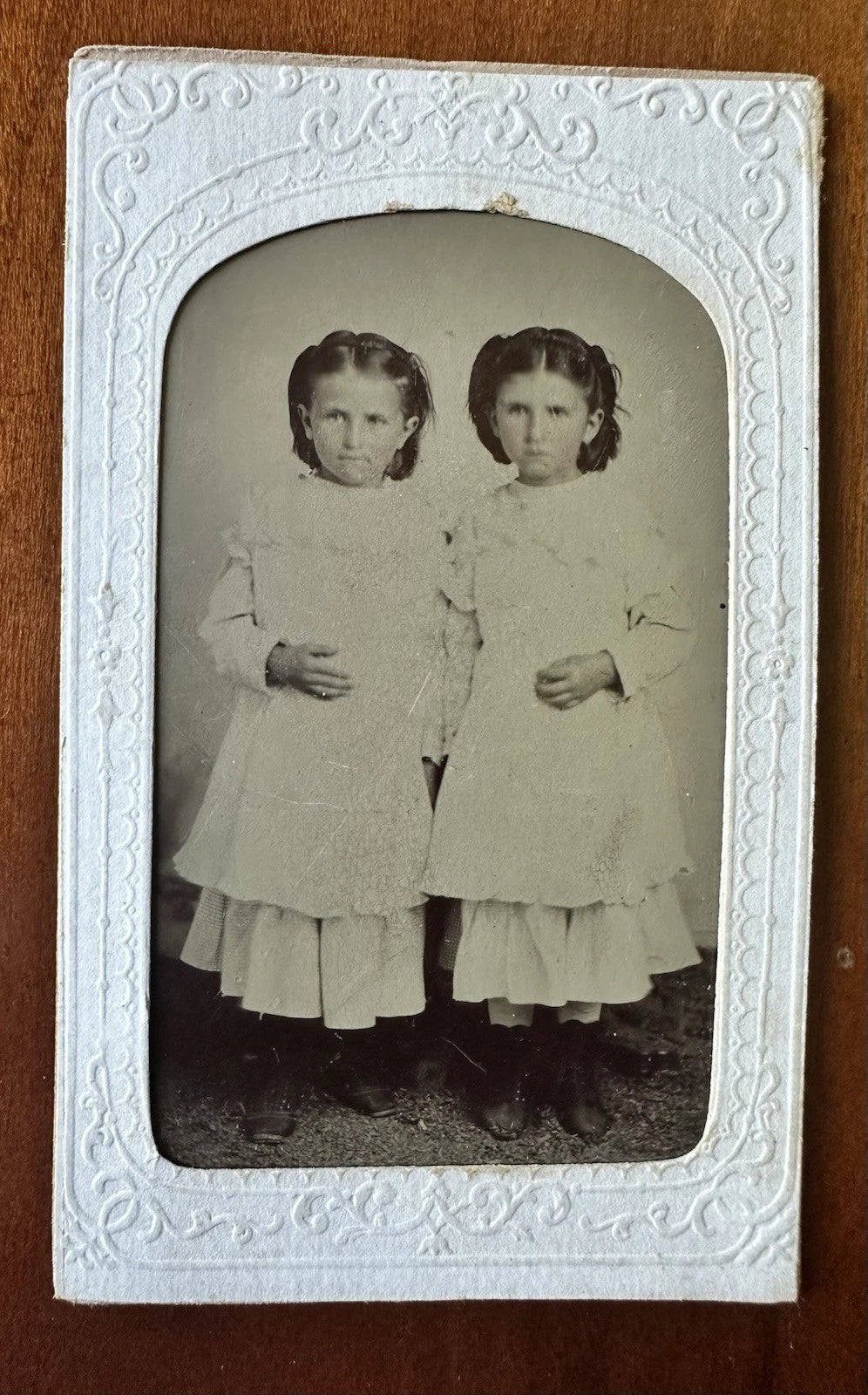 Cute Twin Girl Sisters 1860s 1870s Tintype Photo