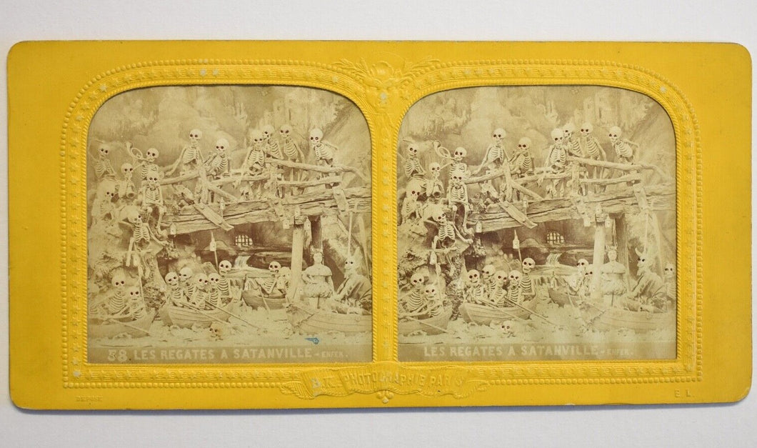 Amazing 1860s Tissue Stereoview Photo ~ Skeleton Army Boat Race!