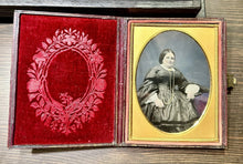 Load image into Gallery viewer, 1/4 TINTED AMBROTYPE SMILING WOMAN PAINTED BACKDROP UK PHOTOGRAPHER LEATHER

