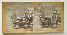 Load image into Gallery viewer, 1870s SPIRIT PHOTOGRAPH STEREOVIEW OF AN ARTIST STUDIO WITH GHOST AND DREAMS
