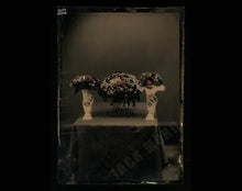 Load image into Gallery viewer, unusual antique tintype hand-shaped vases holding funeral flowers? rare creepy
