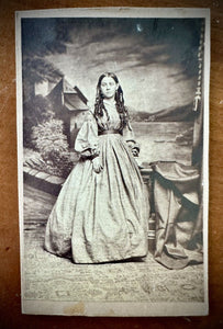 1860s CDV Photo Beautiful Girl / Woman Long Curls In Hair Painted Backdrop