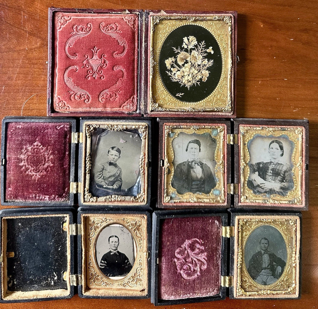 Lot of Antique Ambrotype Tintype in Union Cases + Real Hair or Plant Folk Art