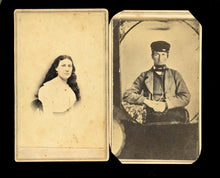 Load image into Gallery viewer, Lot of 1860s CDVs Man in Wheel Cap &amp; Pretty Woman with Long Hair South Carolina
