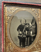Load image into Gallery viewer, RARE Antique Tintype Photo Little Boy Holding Punch (and Judy) Clown Wind Up Toy
