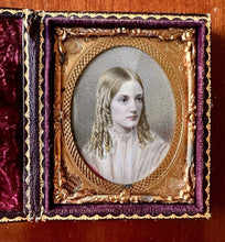 Load image into Gallery viewer, Antique Miniature Portrait Painting Pretty Blonde Hair Girl Long Curls 1840s 50s
