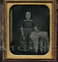 Load image into Gallery viewer, 1/6 1850s Daguerreotype Cute Little Girl Holding Flowers + Toy Or Apple
