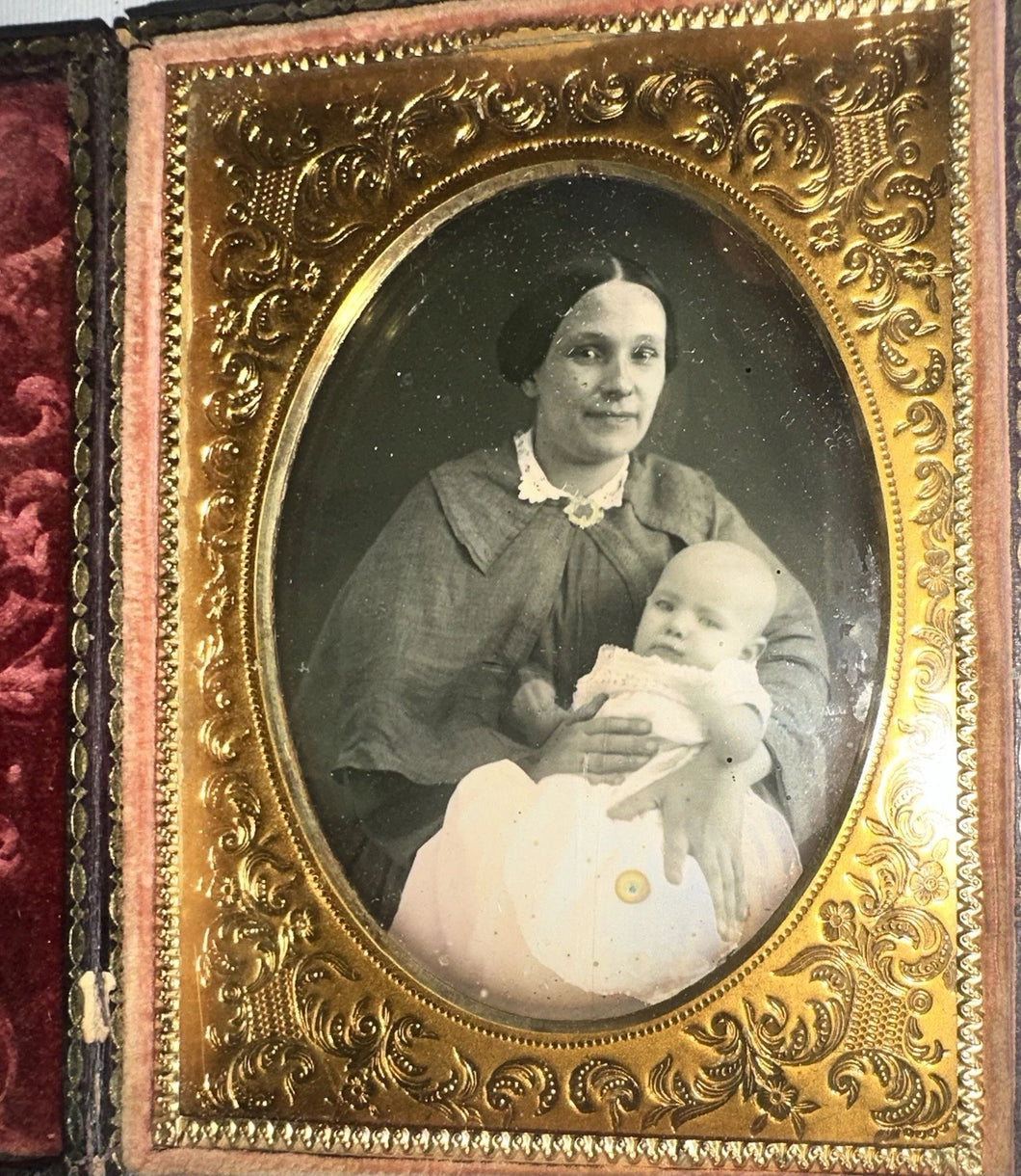 1/4 Cased Daguerreotype Smiling Woman Holding Baby Notes Inside Case