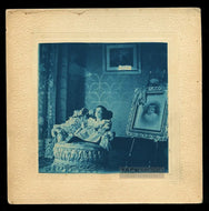 Unusual c1900 Photo BLUE Cyanotype Blind (?) Girl & Memorial Portrait of Brother