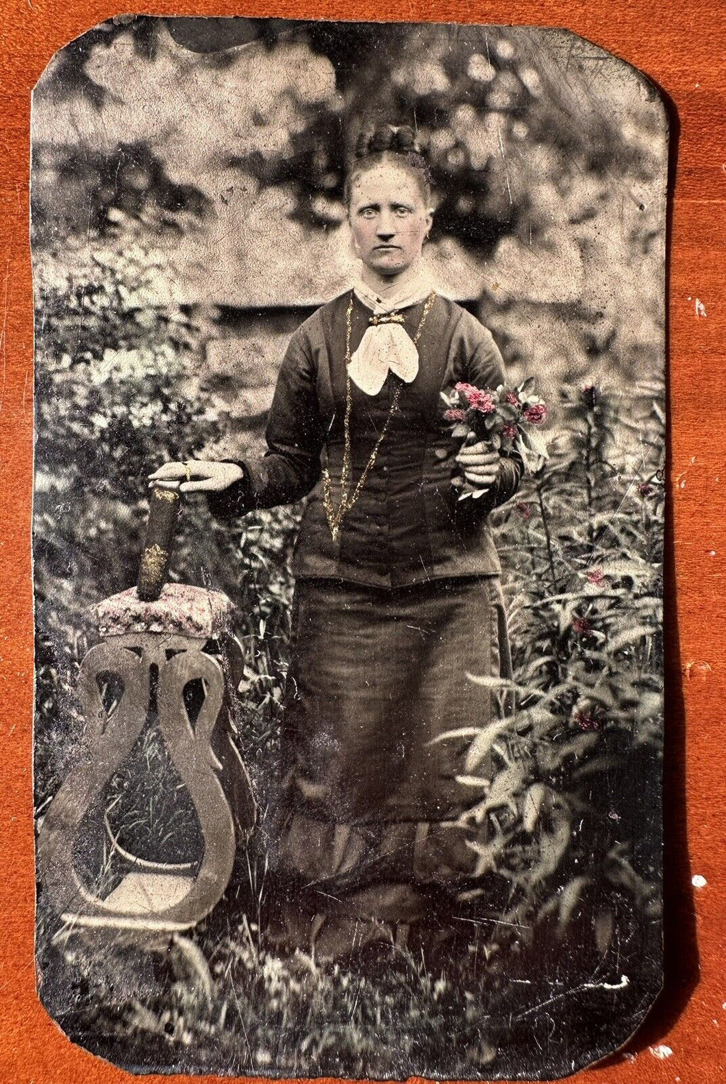 Tinted Painted Outdoor Tintype Woman In Garden Holding Book 1870s Photo Unusual