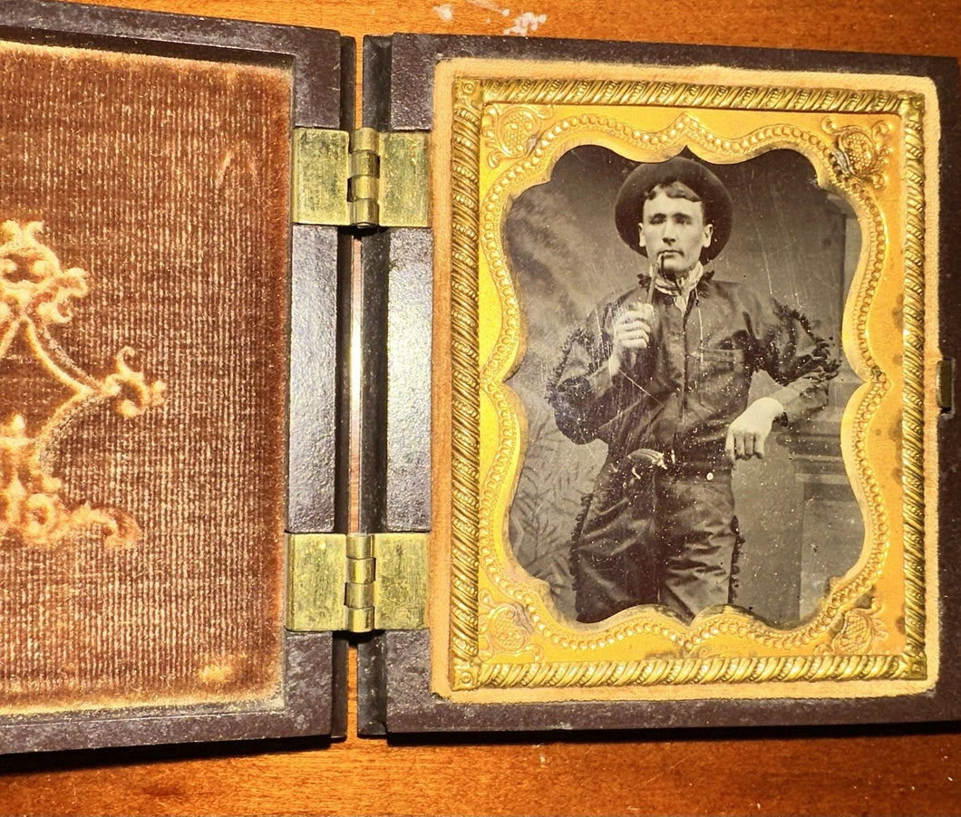 Antique Tintype Photo Cowboy with Flobert Pistol Smoking Pipe 1850s Union Case