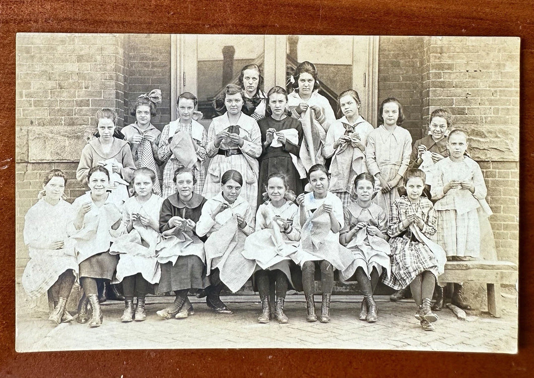 Little Girls Sew / Knitting Class Antique Photo RPPC Vintage 1910s Schoolhouse