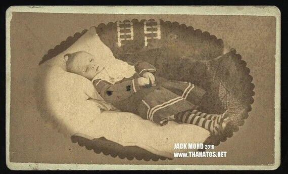 Post Mortem CDV of Little Boy with Cowlick & Striped Socks