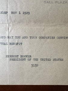 1929 President HERBERT HOOVER Western Union Telegram Signed President of the US