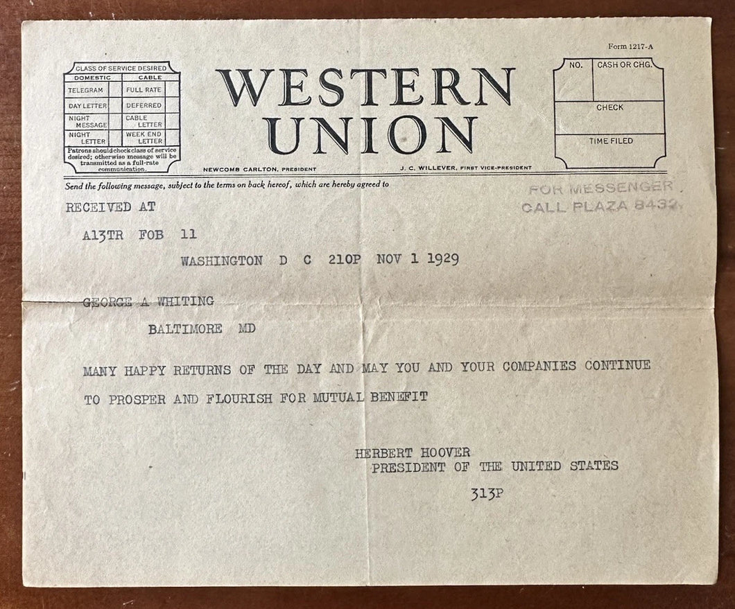 1929 President HERBERT HOOVER Western Union Telegram Signed President of the US