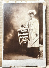 Load image into Gallery viewer, Banner Lady Holding Meat Saw &amp; Sausage! Meat Market Advertising Cabinet Card
