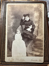 Load image into Gallery viewer, Danville ILLINOIS Girl with Two Dolls 1890s Cabinet Card Photo Vintage Antique
