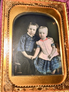 Beautiful HALF PLATE Tinted Daguerreotype of Cute Siblings Boy & Girl