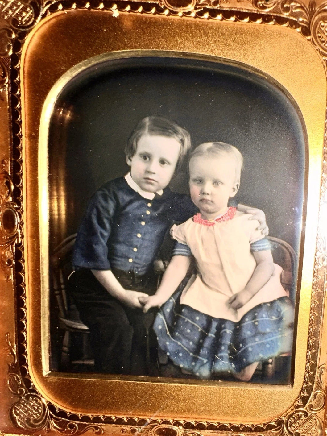 Beautiful HALF PLATE Tinted Daguerreotype of Cute Siblings Boy & Girl