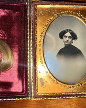 Load image into Gallery viewer, Sealed 1/4 Crayon Daguerreotype Woman Black Mourning Dress + Lock Of Hair Widow
