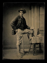 Load image into Gallery viewer, antique tintype photo Gambler Cowboy hand of poker cards gun &amp; whiskey 1800
