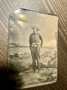 Antique Tintype Photo Cowboy Armed w Knife - Beach Scene w Sidewheel Steamer!