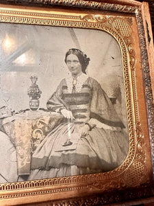 HALF PLATE Ambrotype Women At Tinted Table BOTH HOLDING PHOTOS PIP Rare