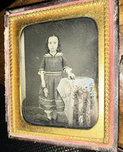 Load image into Gallery viewer, 1/6 1850s Daguerreotype Cute Little Girl Holding Flowers + Toy Or Apple
