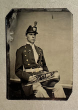 Load image into Gallery viewer, FINE ANTIQUE TINTYPE PHOTO MILITARY BAND MUSICIAN HOLDING TROMBONE HORN 1800s
