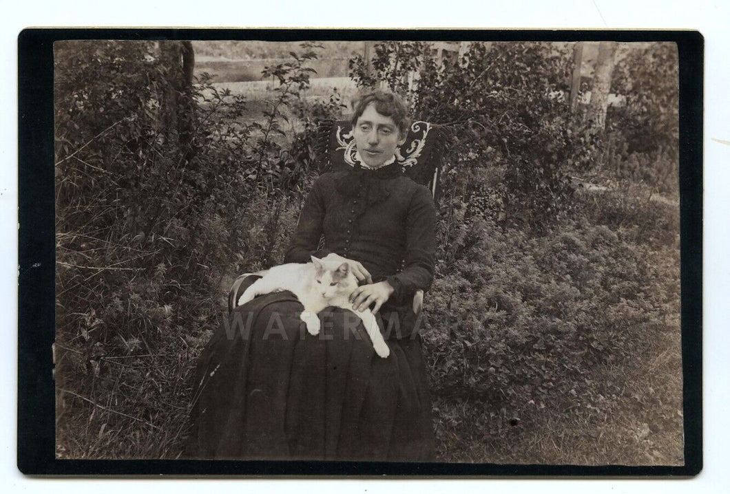 Victorian Cat Lady - Woman Holding Cat Antique Outdoor Photograph 1800s