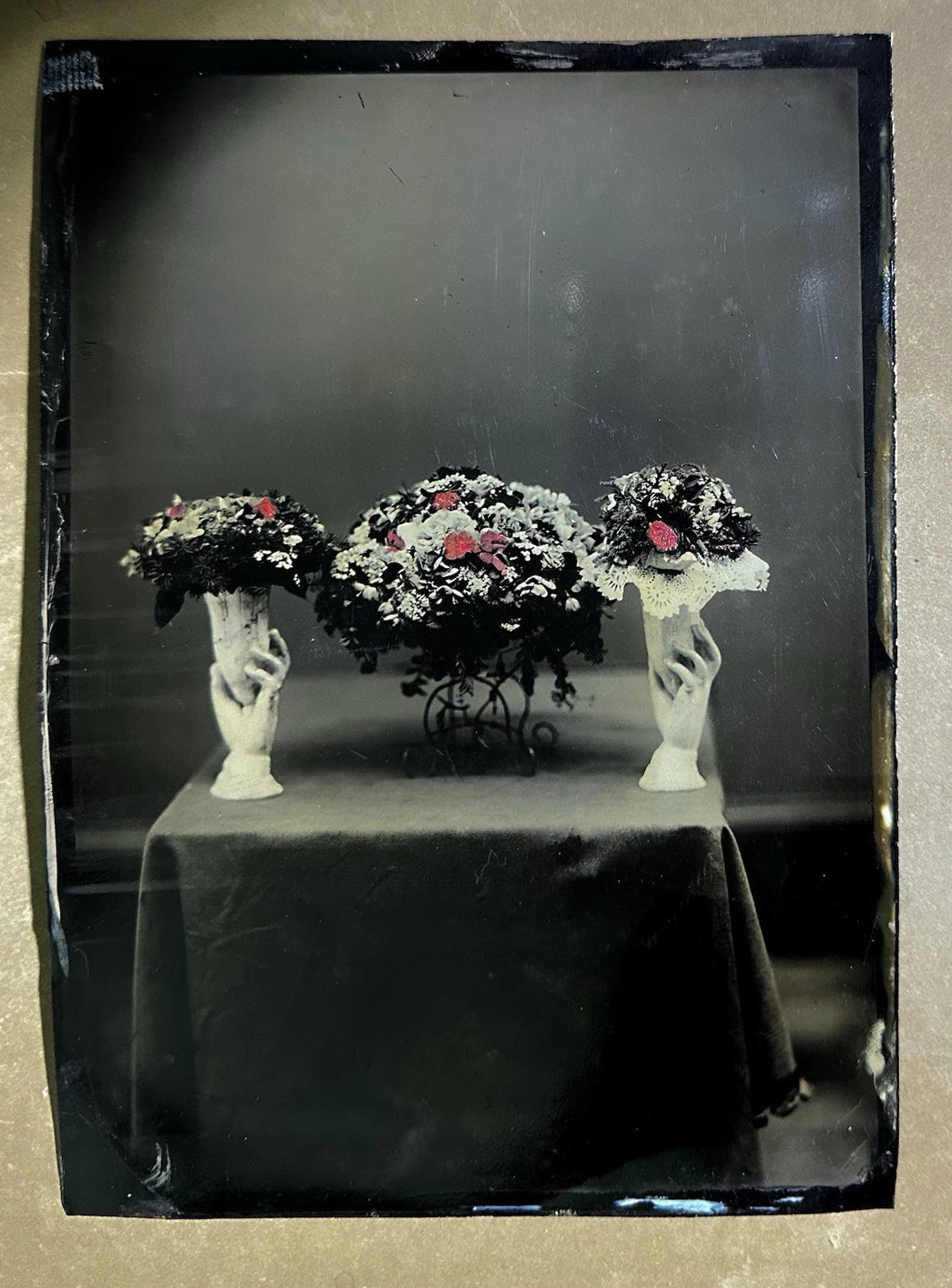 unusual antique tintype hand-shaped vases holding funeral flowers? rare creepy