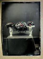 Rare tintype photo creepy hand vases holding funeral flowers?  Victorian death
