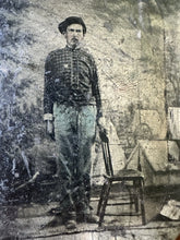 Load image into Gallery viewer, 1/4 Tintype Civil War Soldier Camp Scene Backdrop Original 1860s Photo
